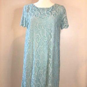 JUICY COUTURE Women Floral Shift Dress Baby Blue Lace M Short Sleeve Lined Y2K